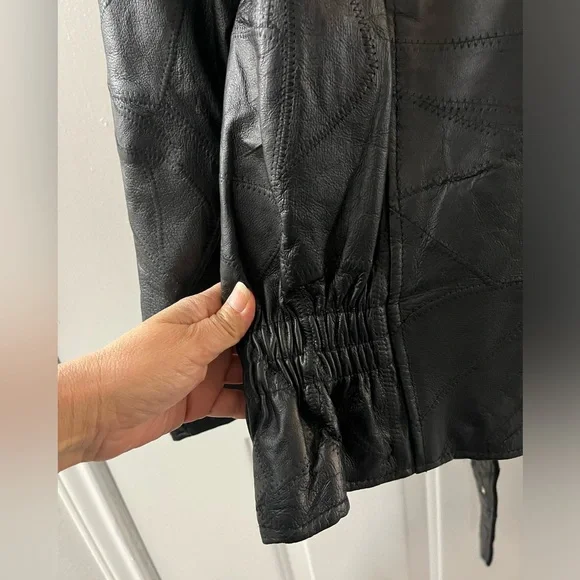 Vintage 90's Flight Path Leather Jacket Deadstock Moto Biker Patchwork Black XL
